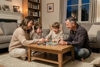 Famille réunie autour d'un jeu de société dans un salon cosy lors d'un rituel du soir