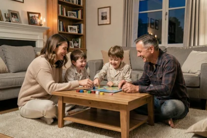 Famille réunie autour d'un jeu de société dans un salon cosy lors d'un rituel du soir