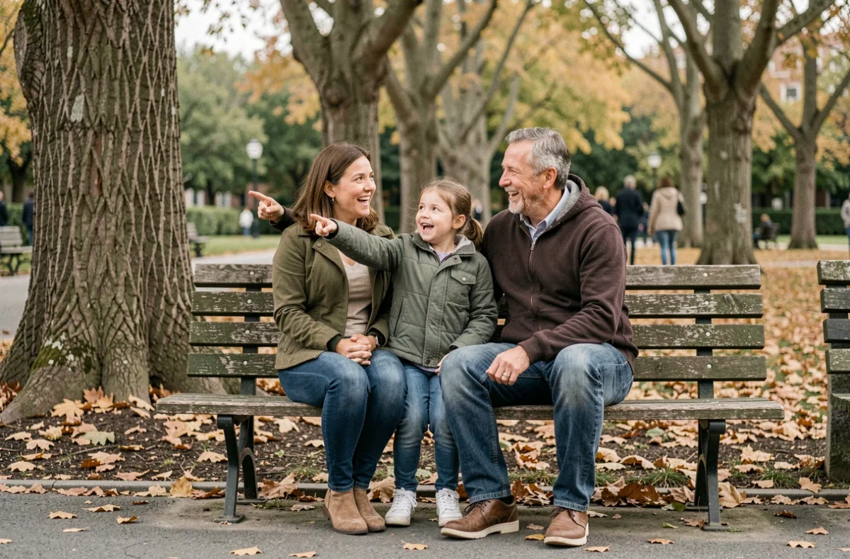 Famille composée de deux parents et leur fille dans un parc en automne, illustrant l'accompagnement parental et le rôle de soutien affectif des parents