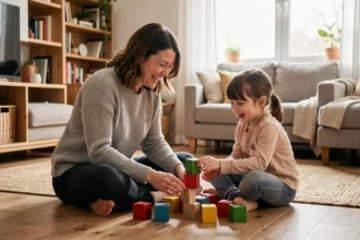 Mère et fille jouant ensemble avec des blocs en bois sur le sol du salon familial, illustrant le rôle éducatif et affectif des parents