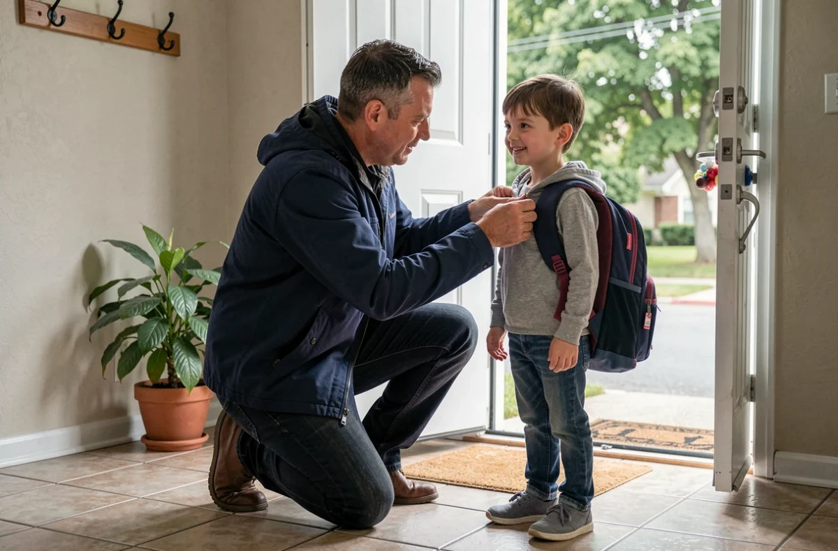 Père préparant son fils pour l'école à l'entrée de la maison, symbolisant le rôle protecteur et encadrant des parents au quotidien
