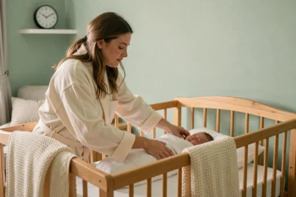 Mère déposant son nourrisson endormi dans un berceau en bois dans une chambre apaisante, illustrant l'importance d'une routine du sommeil régulière pour les bébés.