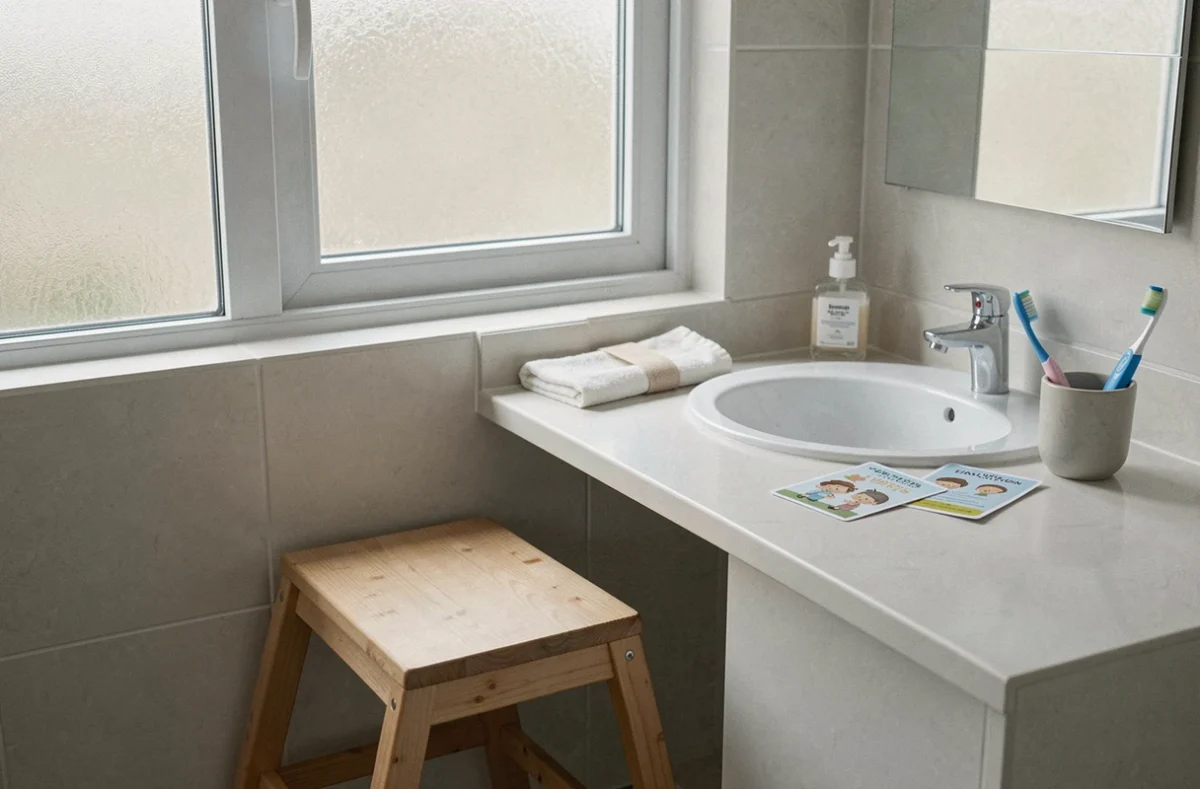 Vue d'ensemble d'une salle de bain familiale avec marchepied en bois et accessoires adaptés aux enfants, illustrant un environnement propice à l'apprentissage de la propreté en douceur