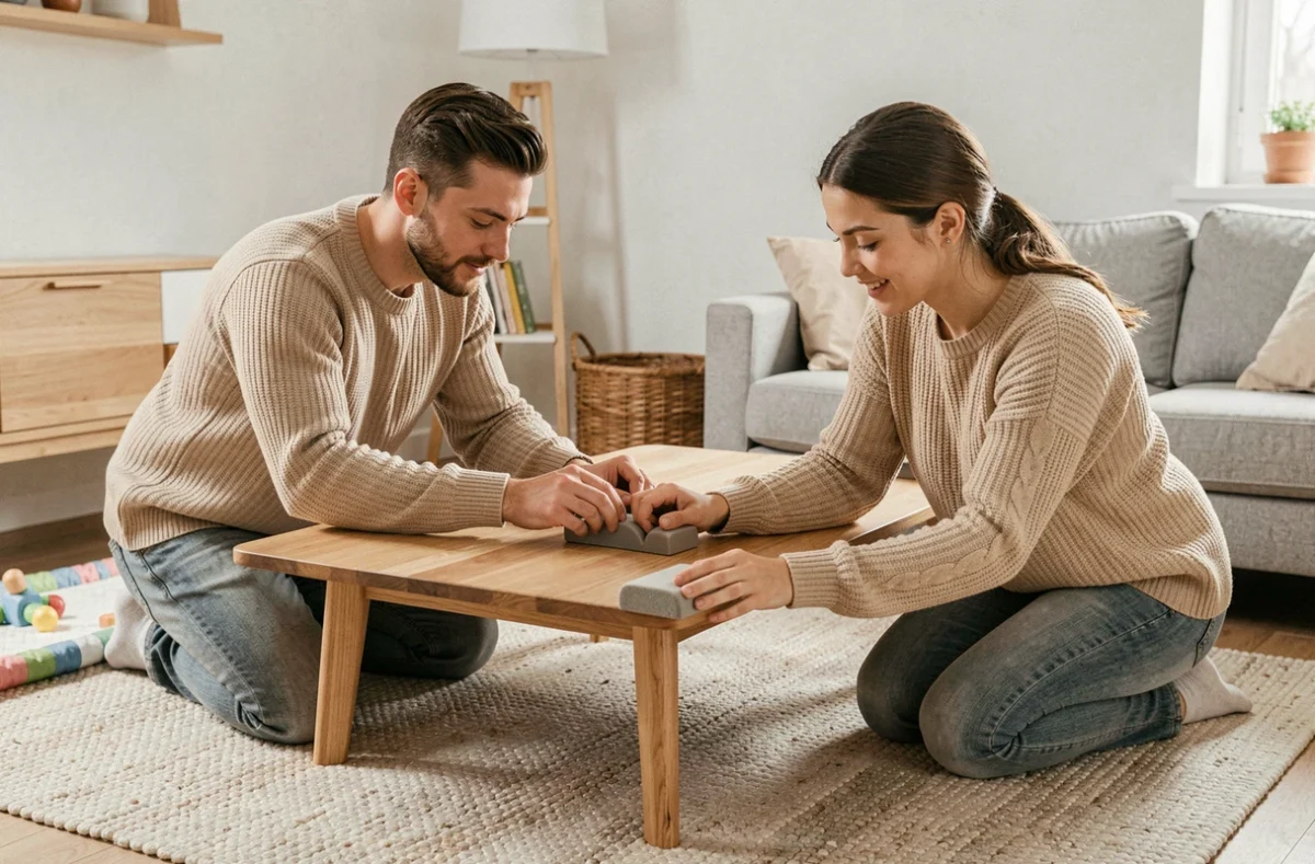 Couple installant des protections d'angle en mousse sur une table basse pour sécuriser le salon avant l'arrivée du bébé