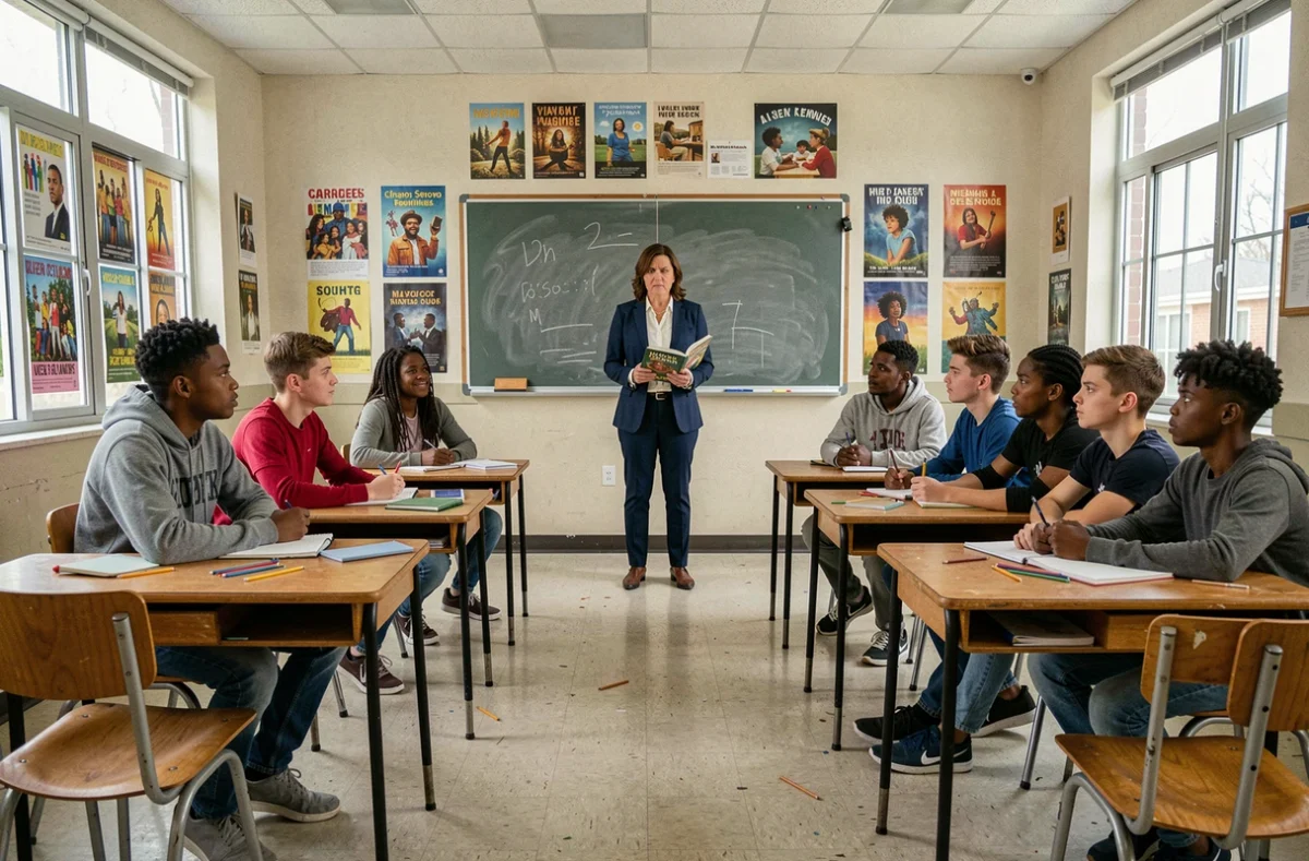 Classe scolaire multiculturelle montrant une ségrégation informelle entre élèves d'origines différentes, avec une enseignante préoccupée au premier plan