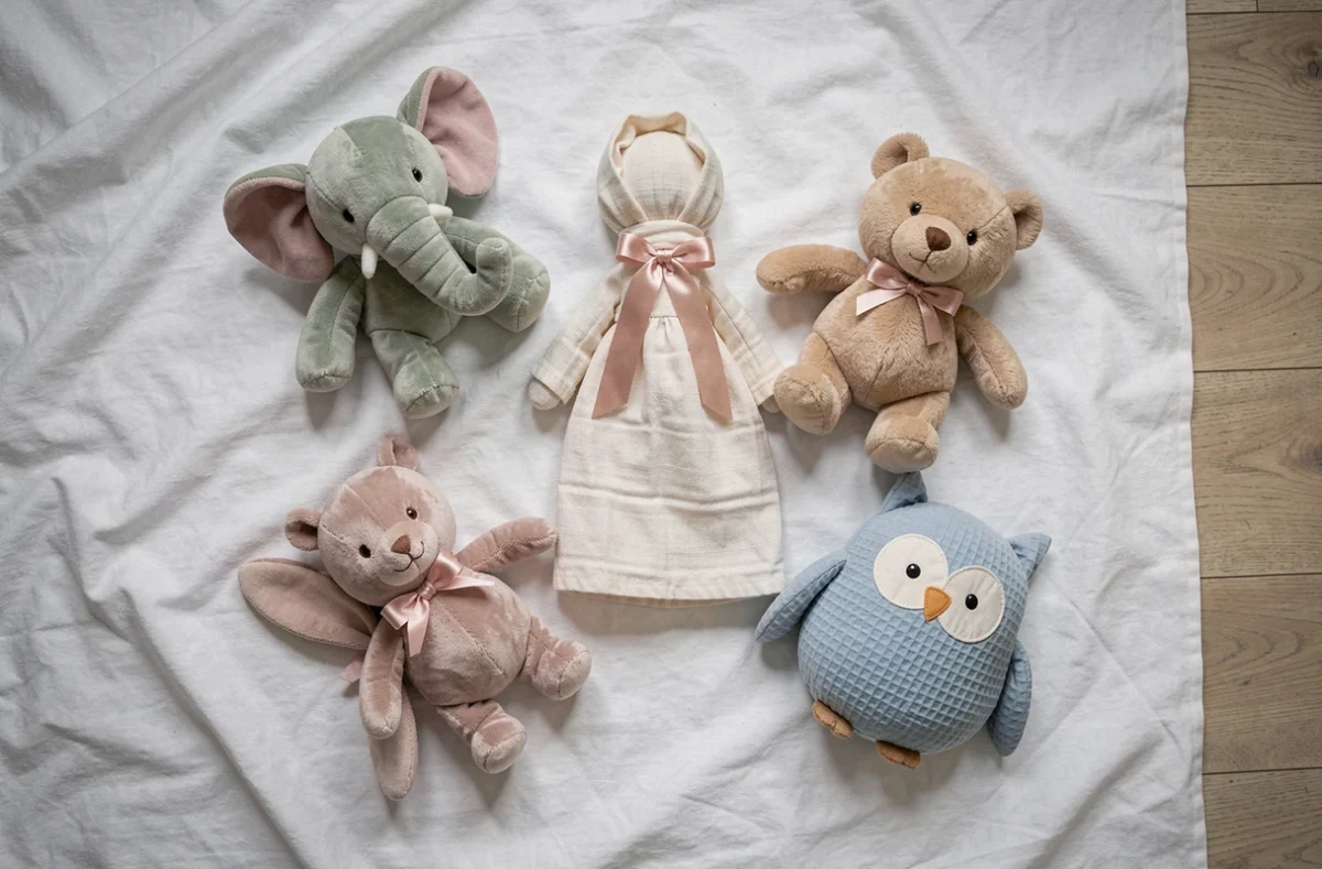 Sélection de différents doudous pour bébé disposés en flat lay sur un plaid blanc
