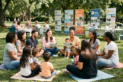 Parents et enfants réunis en cercle dans un parc lors de la semaine de la parentalité, entourés de représentants associatifs
