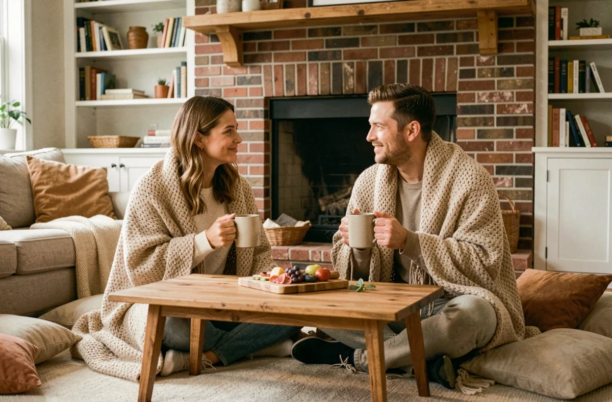Couple blotti ensemble devant une cheminée pour une soirée cocooning romantique et intime