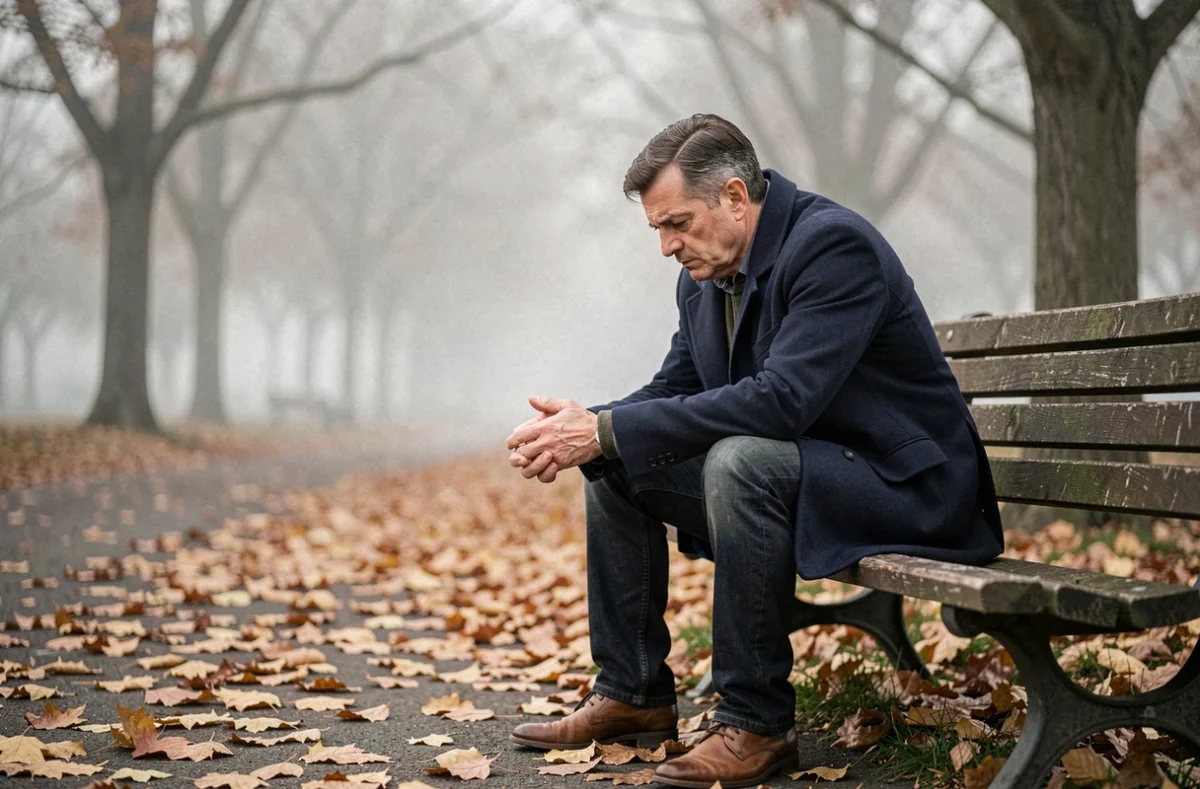 Homme seul assis sur un banc de parc en automne, perdu dans ses pensées en souvenir d'une personne aimée