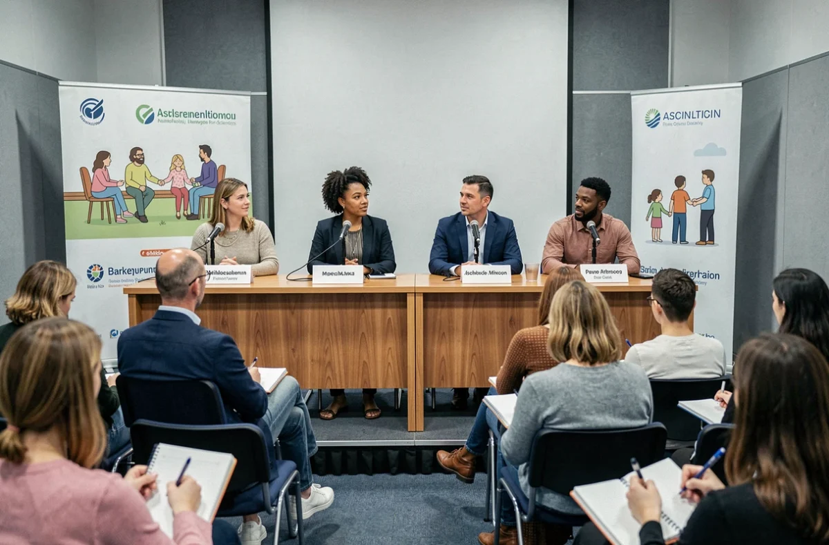 Table ronde réunissant des représentants d'associations de parentalité lors d'une conférence dans une salle de réunion