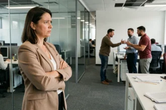 Femme témoin passif dans un bureau regardant un conflit entre collègues sans intervenir