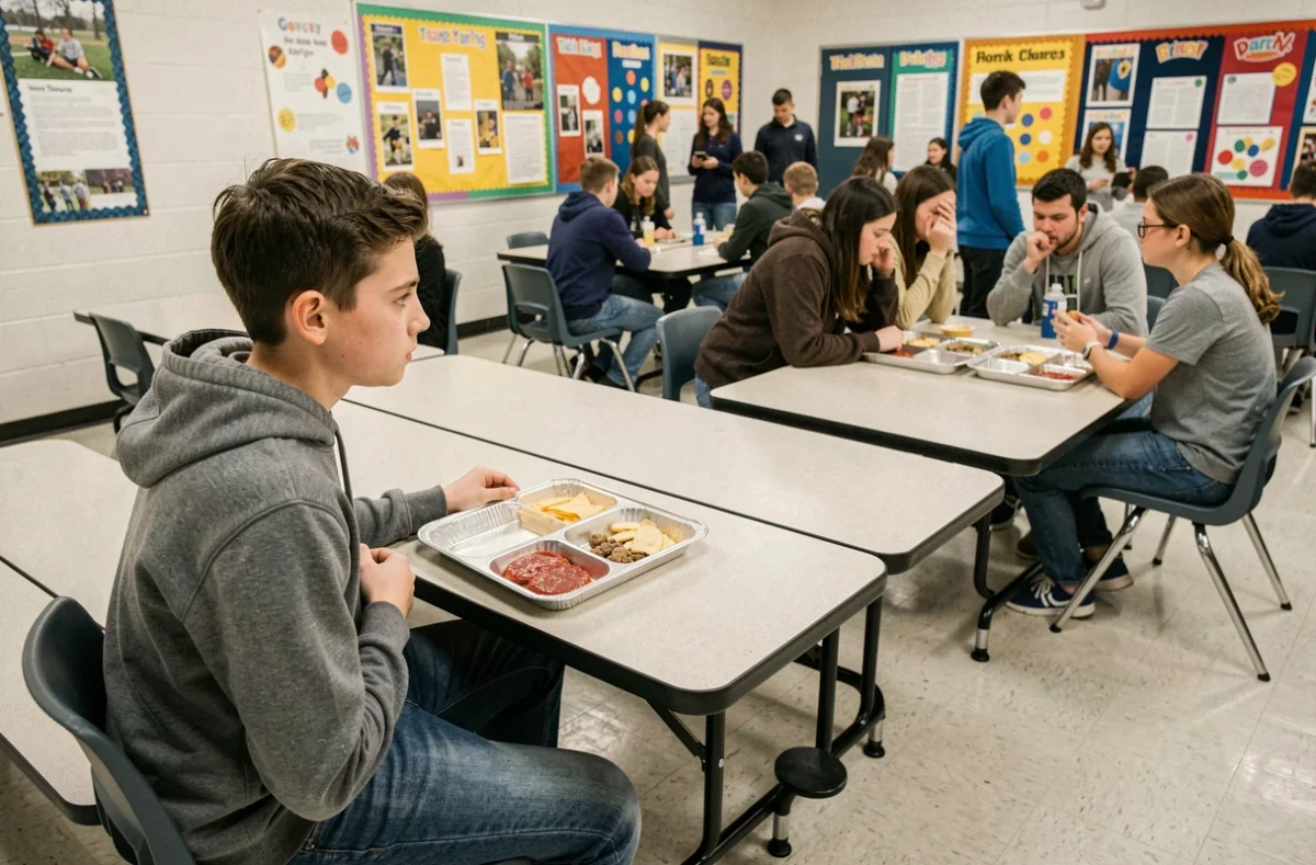 Adolescent témoin passif dans une cafétéria scolaire observant une scène d'exclusion sociale