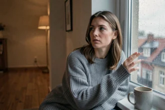 Femme mélancolique assise seule près d'une fenêtre sous la pluie, pensant à une personne absente