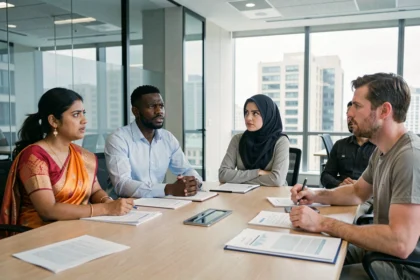 Groupe multiculturel en désaccord lors d'une réunion professionnelle, illustrant les difficultés de communication interculturelle en entreprise
