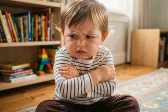 Tout-petit surdoué en pleine crise de colère assis sur le sol d'un salon familial, les bras croisés et le visage concentré
