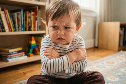 Tout-petit surdoué en pleine crise de colère assis sur le sol d'un salon familial, les bras croisés et le visage concentré